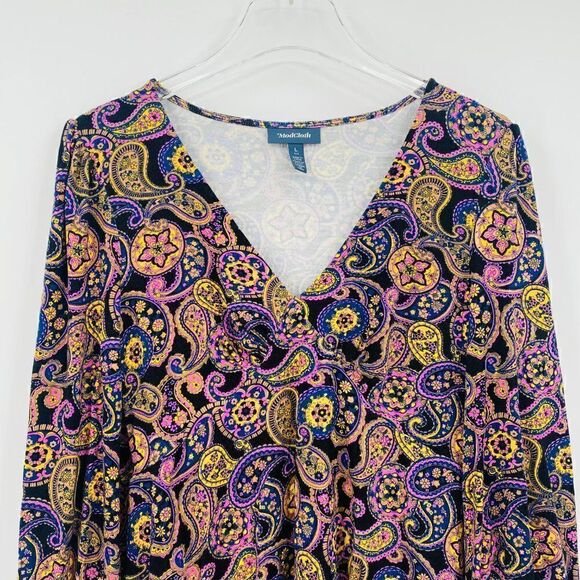 Modcloth Size Large Country Royalty Paisley Print Jersey Knit V Neck Peplum Top - Picture 2 of 7